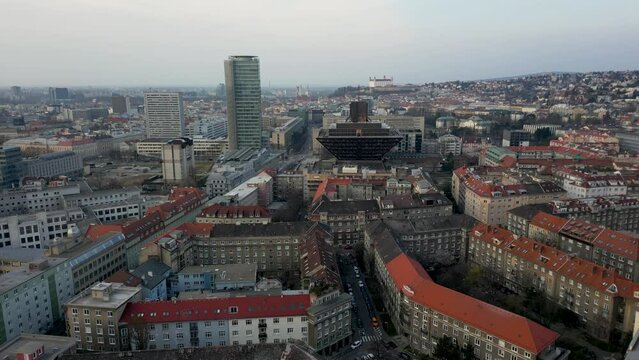 Aerial footage of Bratislava and the building of Slovak Radio, cityscape, 4k
