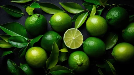 Foto op Plexiglas Generative AI, ripe fresh limes fruit with leaves, healthy food photorealistic illustration. Green citrus background   © DELstudio