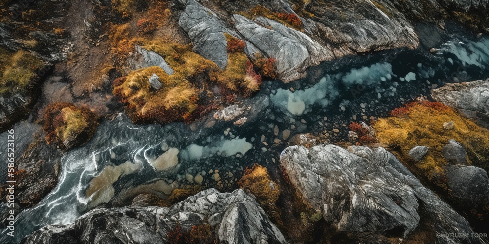 Poster View from a height on the Surface of a Mountain River.Aerial view. Panoramic shot. Generative AI