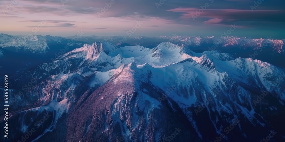 Poster a colorful view from the height of the blue snow-covered mountain landscape.aerial view. panoramic s