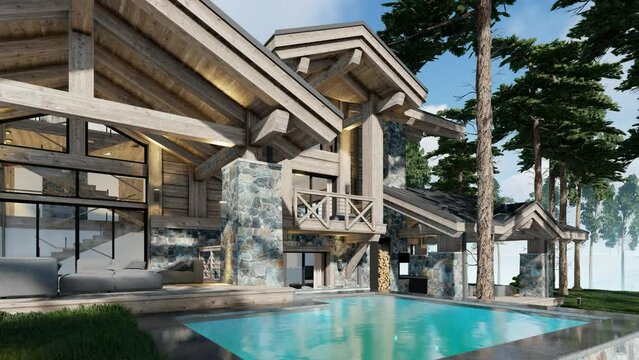 4K video rendering of modern cozy chalet with pool and parking for sale or rent. Beautiful forest mountains on background. Massive timber beams columns. Clear sunny summer day with cloudless sky.Fly-w