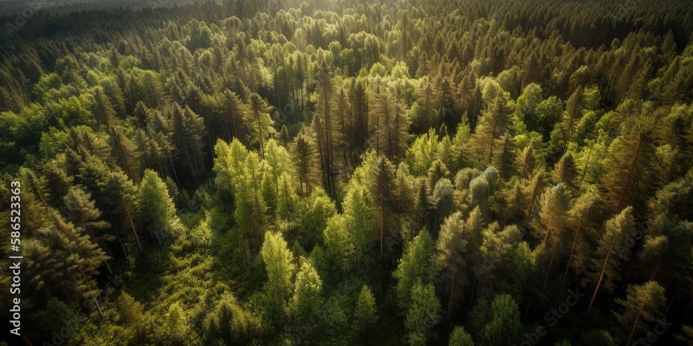 Poster beautiful bird's-eye view of the forest.aerial view. panoramic shot. generative ai