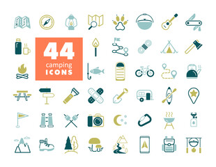 Camping, Hiking and Outdoor Activities icons set