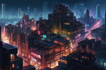 Fototapeta na wymiar bustling cityscape illuminated by the night sky. Generative AI