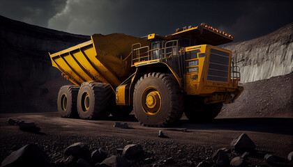 Large quarry dump truck in coal mine. Mining equipment for the transportation of minerals.
