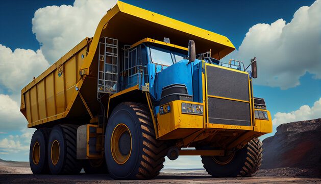 Large quarry dump truck in coal mine. Mining equipment for the transportation of minerals.