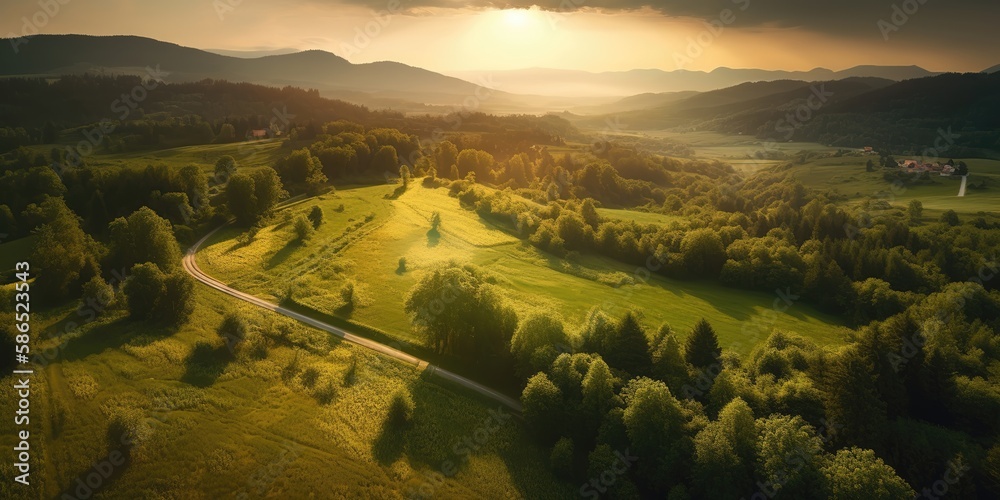 Poster view from the height of the road among the green meadows at sunset in summer.aerial view. panoramic 