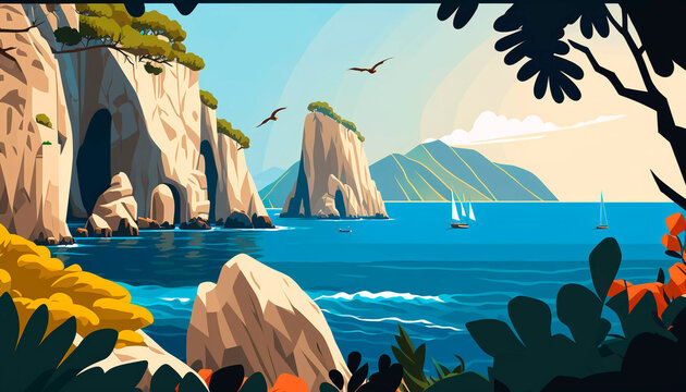Italy Capri island Summer landscape for design banner ticket, card, poster. Generative AI
