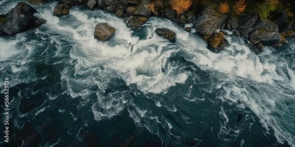 Poster a beautiful picture of a rocky beach with a cliff from above.aerial view. panoramic shot. generative