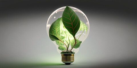 Obraz na płótnie Canvas Green leaf inside light bulb. Concept of ecology, energy saving, nature conservation. Illustration generated by AI