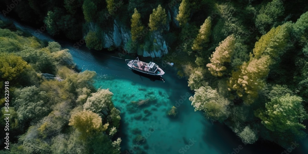 Poster a boat moored in a bay with green forests around.aerial view. panoramic shot. generative ai