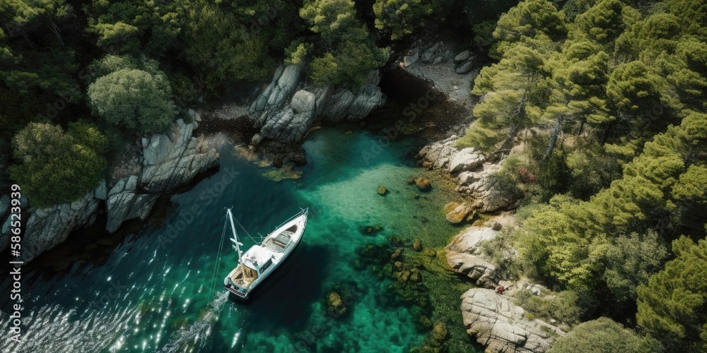 Aufkleber a boat moored in a bay with green forests around.aerial view. panoramic shot. generative ai