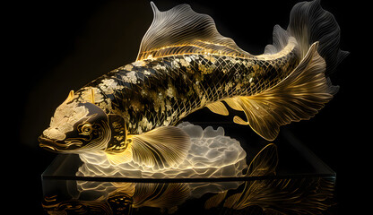 A radiant and translucent glass sculpture of a koi fish, generative ai