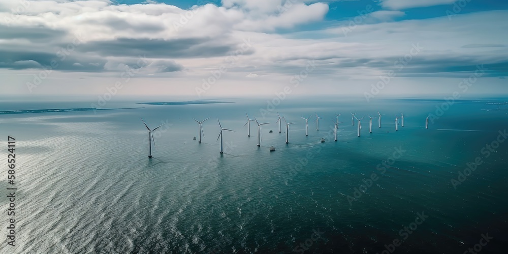 Poster windmill park in the ocean.aerial view. panoramic shot. generative ai