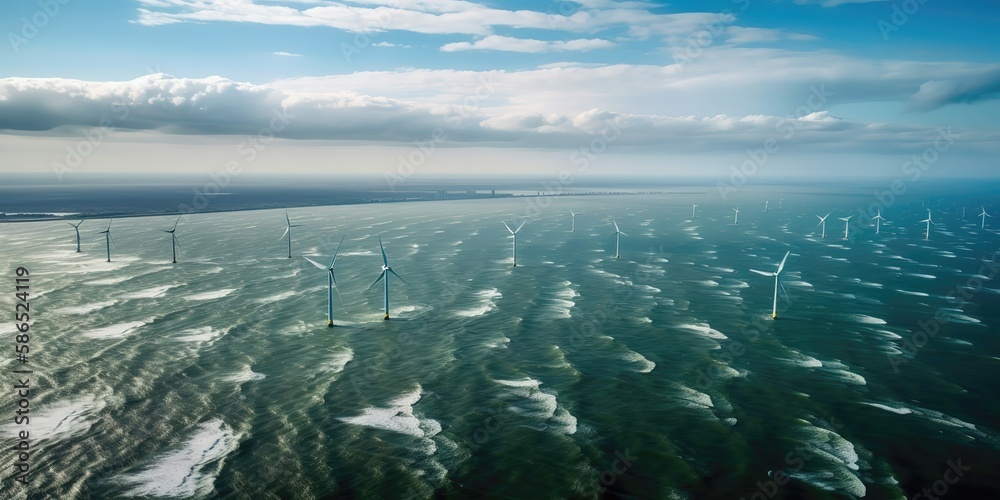Poster windmill park in the ocean.aerial view. panoramic shot. generative ai