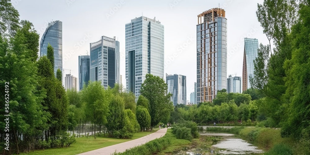 Poster The urban landscape of a public park and high-rise buildings in the center of the metropolis.Aerial view. Panoramic shot. Generative AI