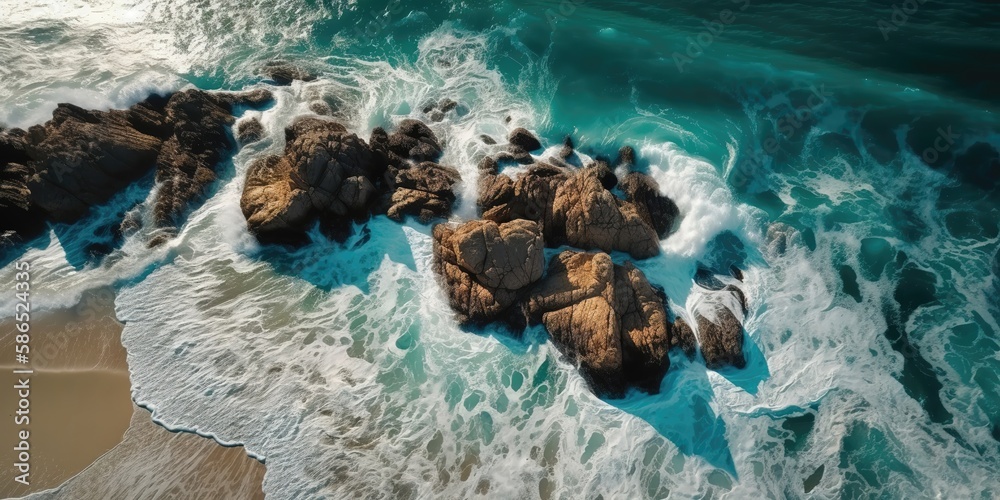 Poster a beautiful picture of a rocky beach with a cliff from above.aerial view. panoramic shot. generative