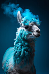 Fototapeta premium Portrait of a llama with a colourful smoke cloud. Abstract creative animal. Generative ai