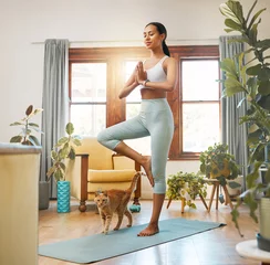 Poster Yoga, fitness woman and cat for meditation, training and balance at home in living room, wellness and holistic health. Biracial person meditate, prayer or tree pose in pilates workout for healing © Nina/peopleimages.com