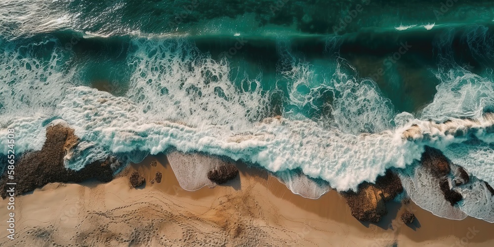 Poster top view of a beautiful tropical beach with sea waves.aerial view. panoramic shot. generative ai