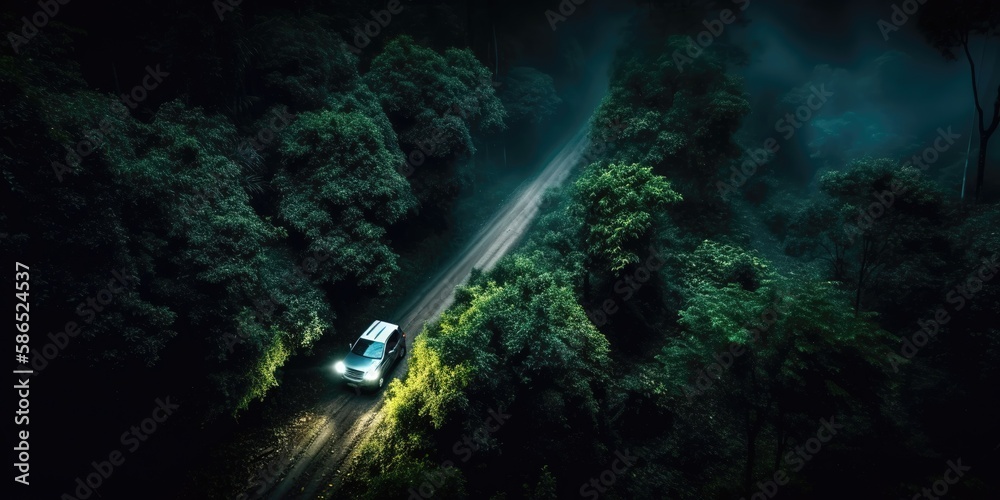 Poster A view from a height of a car on the road in the deep jungle.Aerial view. Panoramic shot. Generative AI
