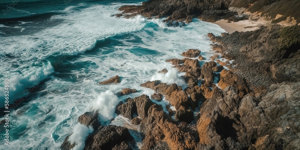 Poster a beautiful picture of a rocky beach with a cliff from above.aerial view. panoramic shot. generative