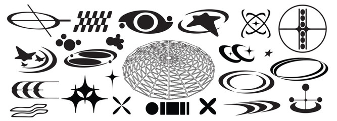 Vector Graphic Assets Set. Bold modern Shapes for Posters Template, flyers, clothes, social media, graphic design, sticker, In Y2k style, Futuristic, Anti-design, Digital Collage, Retro Futurist.