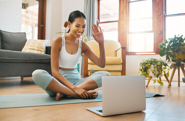 Yoga, video call or happy woman on laptop online class, video call or webinar in holistic fitness...
