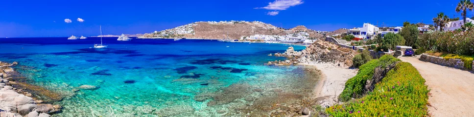 Poster Mykonos island. Popular beautiful beach Platis Gialos. Greece summer holidays, Cyclades © Freesurf