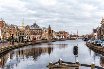 Spaarne river and old town in Haarlem, Netherlands,