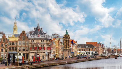Spaarne river and old town in Haarlem, Netherlands,