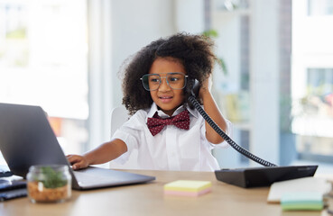 Little girl, telephone and laptop in call center working or playing pretend as a sales consultant...