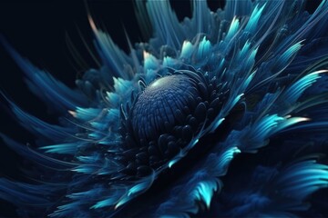 vibrant blue flower in macro view against a dark black backdrop. Generative AI