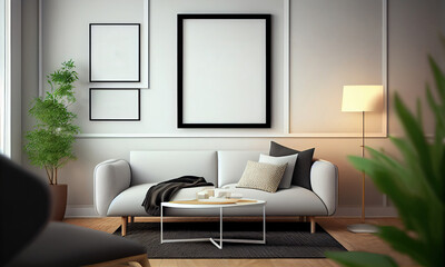 Frame mockup empty on wall in living room with sofa and houseplants. Generative AI