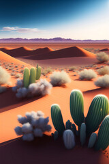 American desert landscape, with bushes and a beautiful sky. Red sand dunes and mesas. Generative AI.