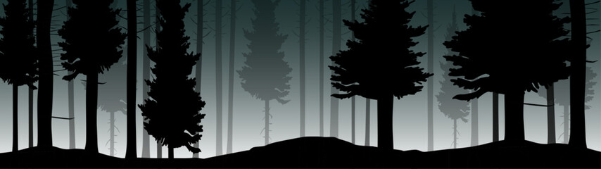 Forest black forest vector illustration banner misty fog forest landscape panorama adventure wildlife  - Black silhouette of spruce and fir trees