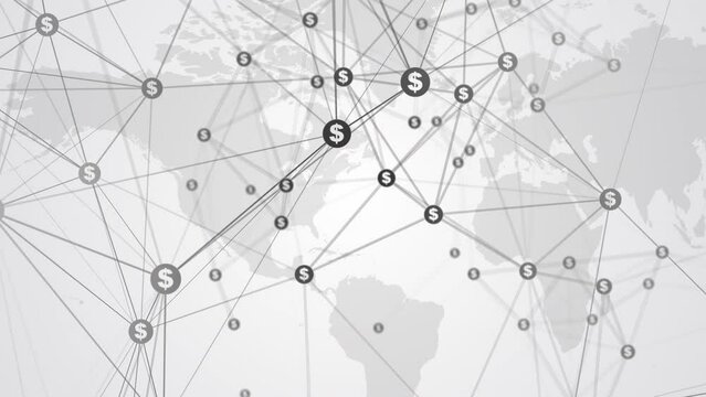 Abstract movement of dollar icons connected by lines on white world map background. Looped business animation with blurred geometric polygonal elements.