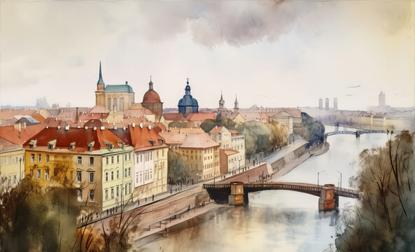 A beautiful view of Varsovia, detailed watercolor. created by AI