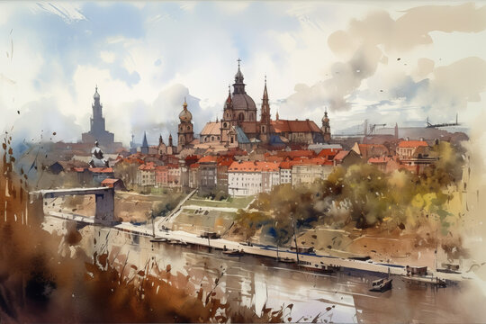A beautiful view of Varsovia, detailed watercolor. created by AI
