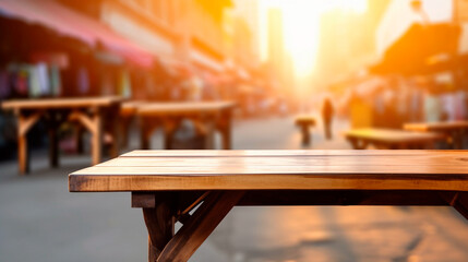 empty wooden table in front of abstract blurred background for product display in a coffee shop, local market or bar. Generative AI