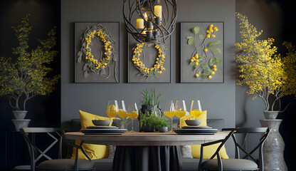 Grey plates, vine glasses and yellow flowers in vase in trendy dining room interior with wicker chandeliers, generative ai
