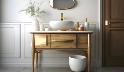 Fototapeta na wymiar Stylish ceramic sink on trendy wooden console table in small elegant bathroom, generative ai
