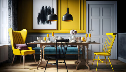 Stylish yellow chair at wooden dining table in trendy interior, generative ai