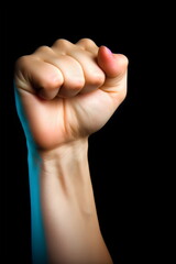 isolated fist raised in power on black background with blue lighting, made with generative ai