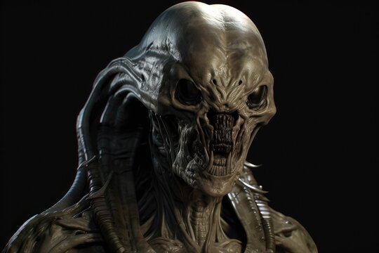 close-up of an extraterrestrial creature on a dark background. Generative AI