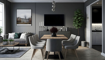 Fototapeta na wymiar Open space living and dining room interior with flat tv, grey sofa and wooden table with trendy chairs, generative ai