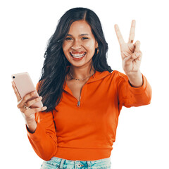 Portrait, peace sign and happy woman with phone for good news online on social media. Isolated,...