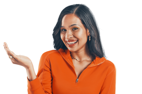 Portrait, hand space gesture and happy woman pointing for product promotion while isolated on a png, background. Happiness, product placement and hispanic female with a marketing hands sign