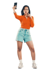 Fashion, pout and stylish woman taking selfie to post online while isolated on a transparent, png...