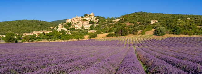 Fototapeta na wymiar In the heart of Provence, the hilltop village of Banon with lavender fields in full bloom. Alpes-de-Haute-Provence, France